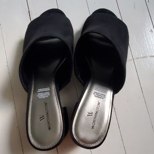 Black open toed heeled mules